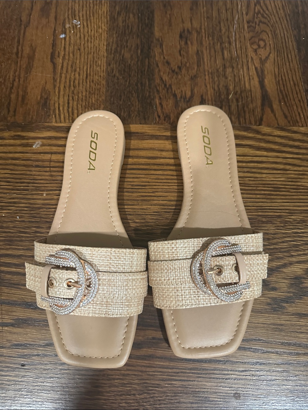 Soda Tan Slip-On Sandals with Rhinestone Buckle
